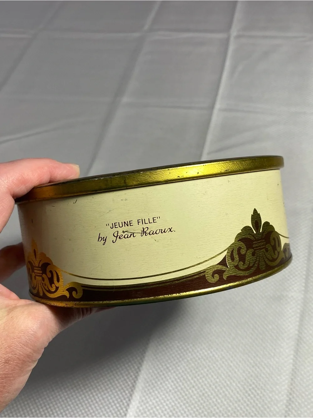 Vintage Decorative Round Trinket Tin/Painted Woman Motif/Gold Trim sewing items